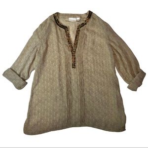 Chico’s Sheer bead bronze quarter sleeve blouse